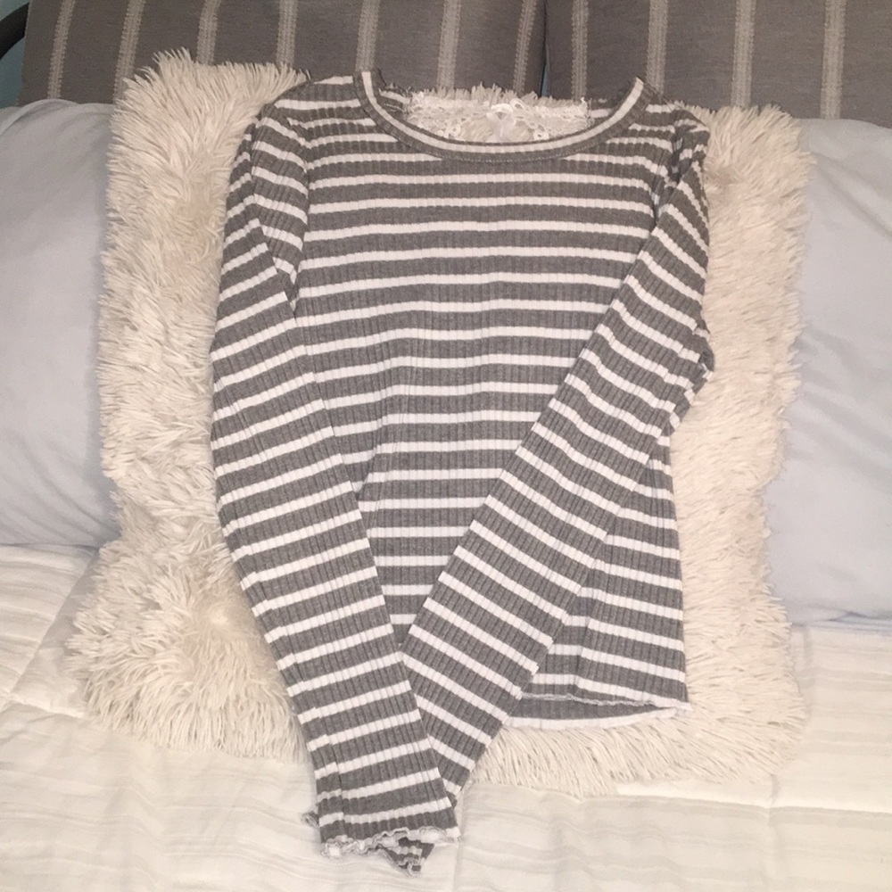 grey and white striped long sleeve shirt with lace